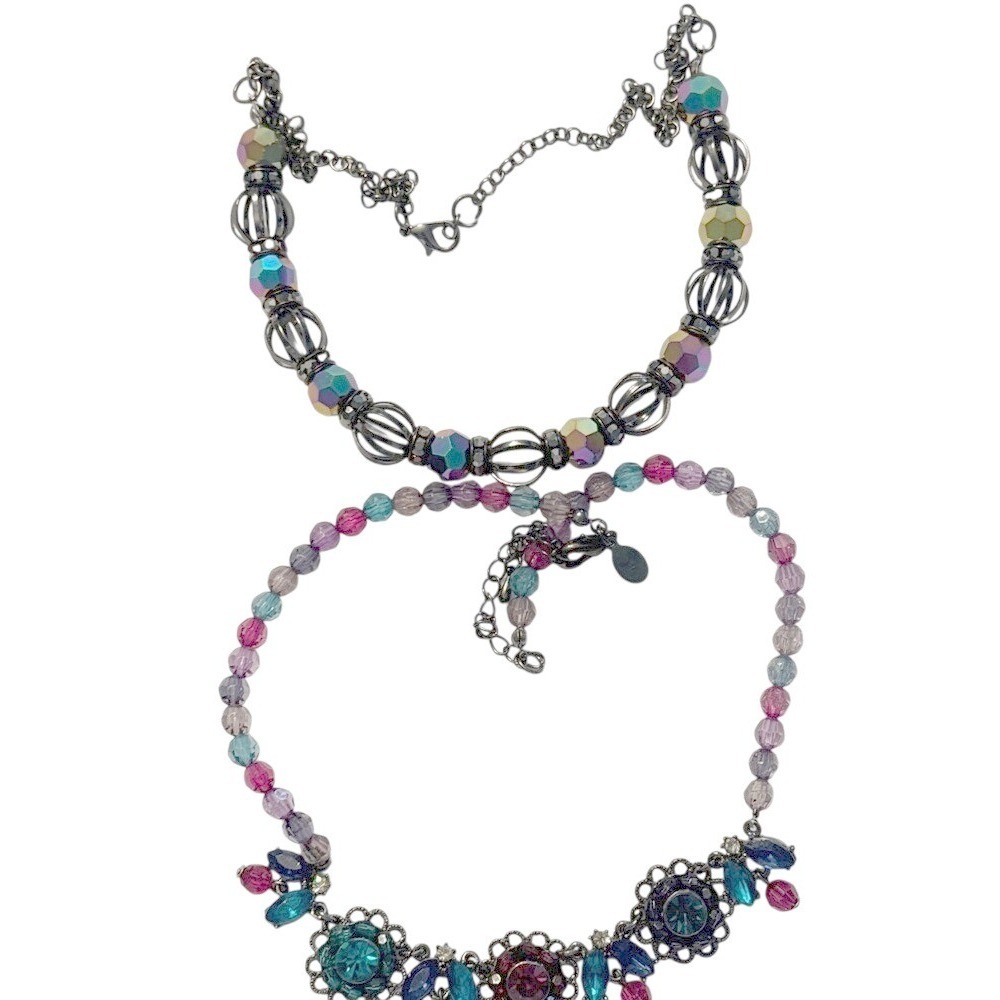 Set of 2 Floral Bib & Iridescent AB Bead Necklaces Gunmetal Statement Jewelry